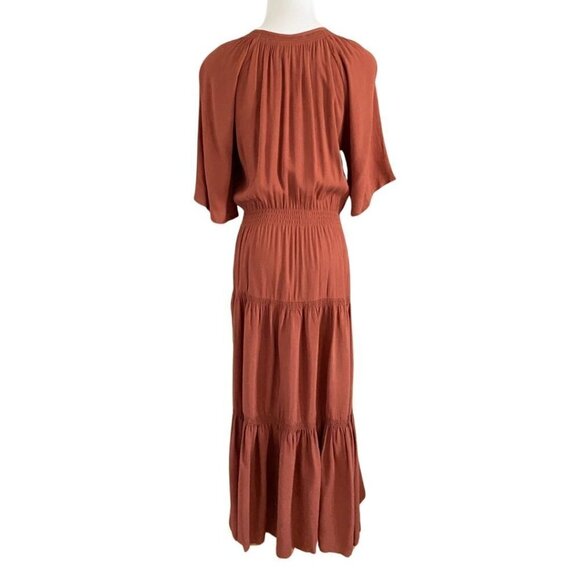 URBAN OUTFITTERS TERRA COTA BROWN TIERED SMOCKED PEASANT MAXI DRESS - S - Picture 3 of 10